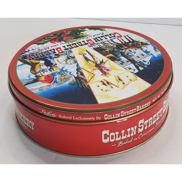 Collin Street Bakery Red Holiday Empty Tin 2.5" Tall x 8" Round Since 1896 - Picture 2 of 11